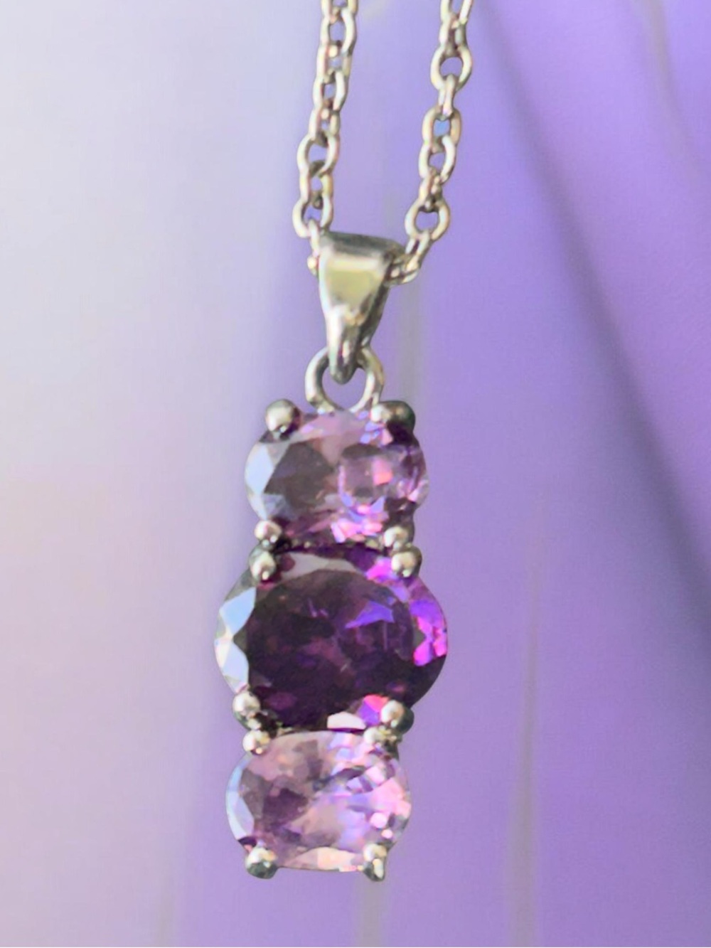 Vintage 18K GP Amethyst Triple Stone Pendant Necklace
